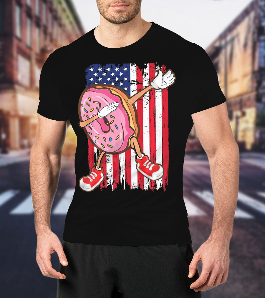 Dabbing American USA Strawberry Frosted Donut On Flag Background T-Shirt