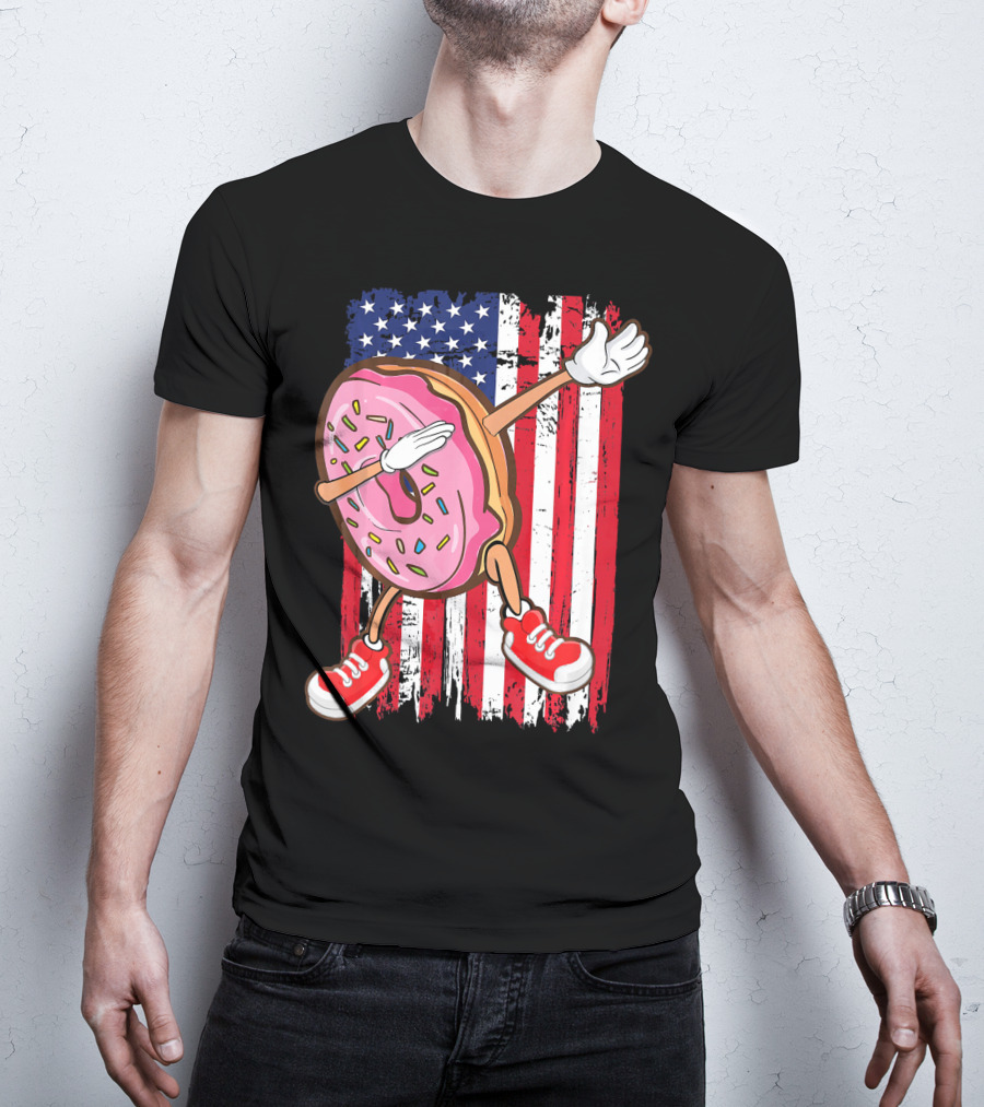 Dabbing American USA Strawberry Frosted Donut On Flag Background T-Shirt