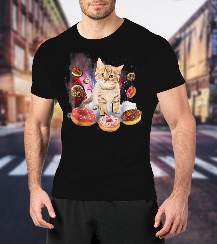 Cosmic Encounter With Cat Surrounded By Colorful Donuts In Space T-Shirt