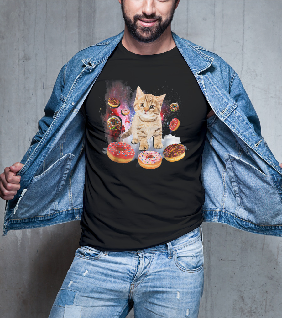 Cosmic Encounter With Cat Surrounded By Colorful Donuts In Space T-Shirt