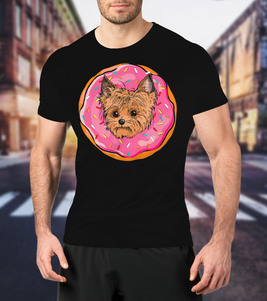 Funny Donut Dog Face Yorkie Yorkie Donut Sprinkles T-Shirt