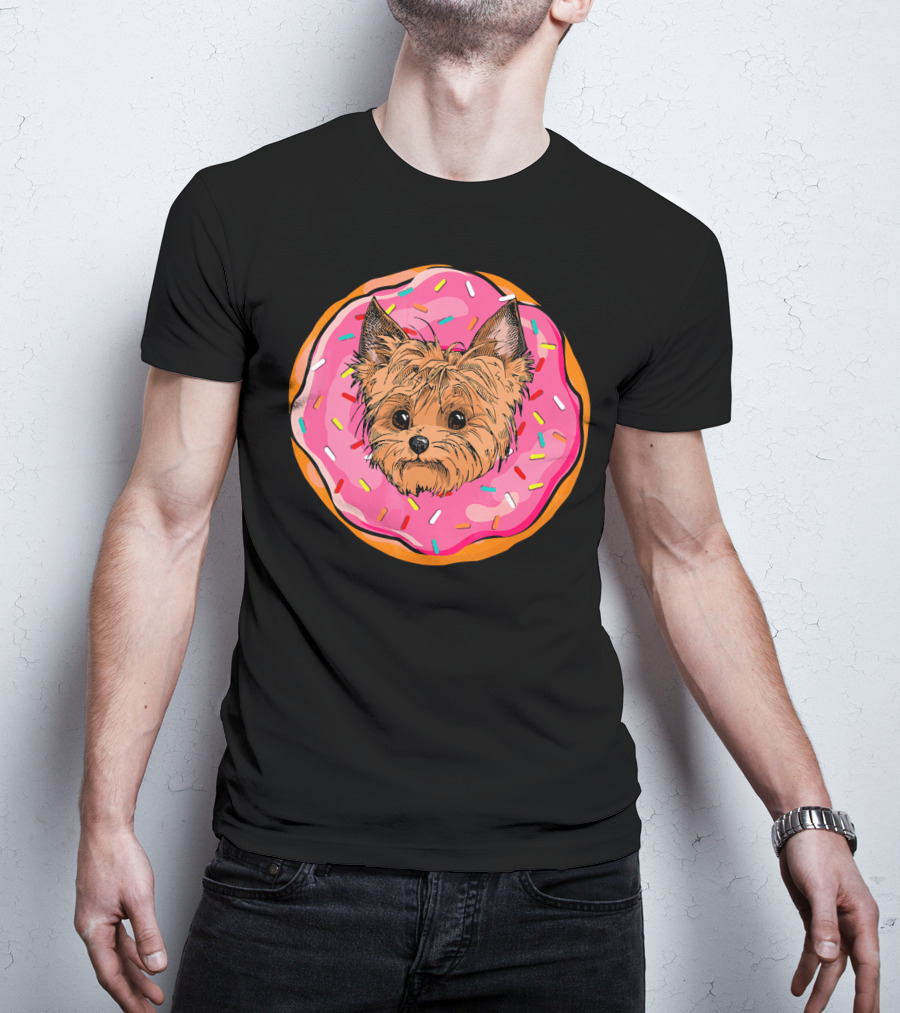Funny Donut Dog Face Yorkie Yorkie Donut Sprinkles T-Shirt