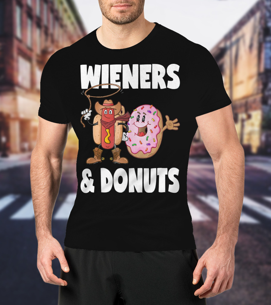 WIENERS And DONUTS Funny Vintage Hot Dog Cowboy And Happy Donut With Sprinkles T-Shirt