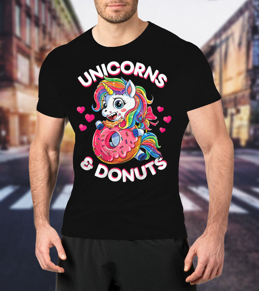 UNICORNS And DONUTS Rainbow Unicorn Eating Donut Surrounded By Hearts T-Shirt