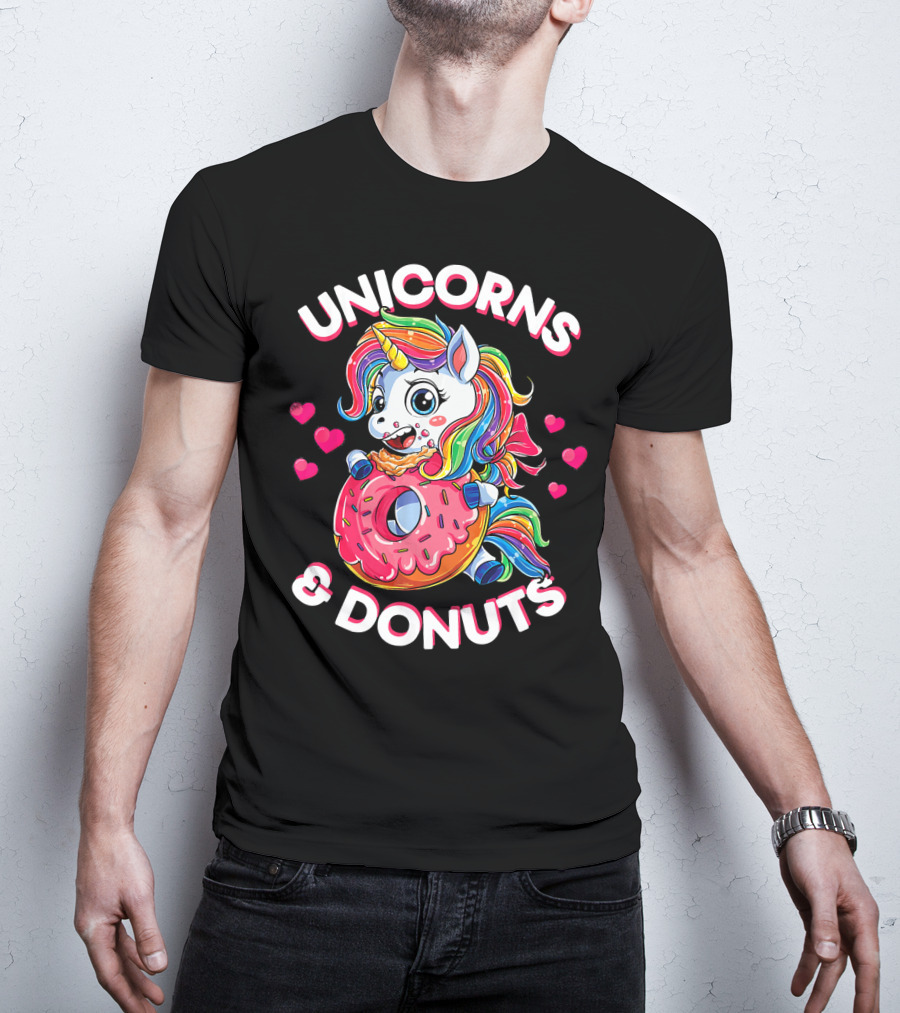UNICORNS And DONUTS Rainbow Unicorn Eating Donut Surrounded By Hearts T-Shirt