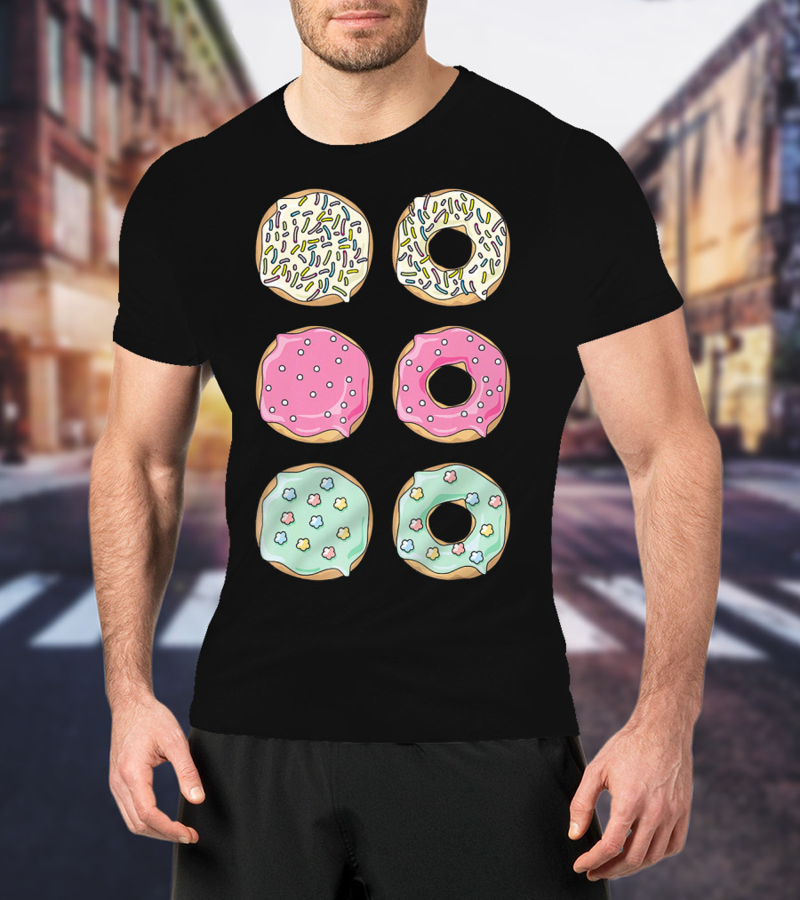 Colorful Pastel Sprinkles Donuts Pink Glaze Floral Shapes T-Shirt