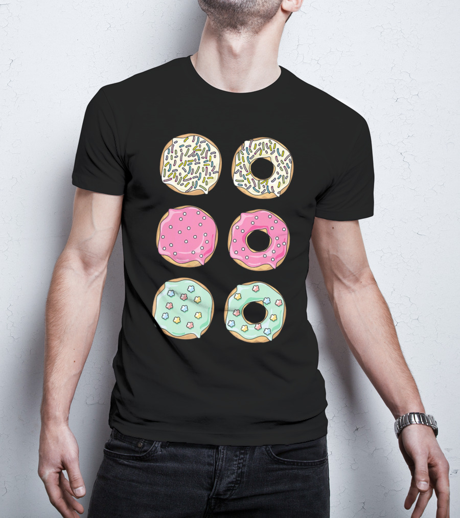 Colorful Pastel Sprinkles Donuts Pink Glaze Floral Shapes T-Shirt