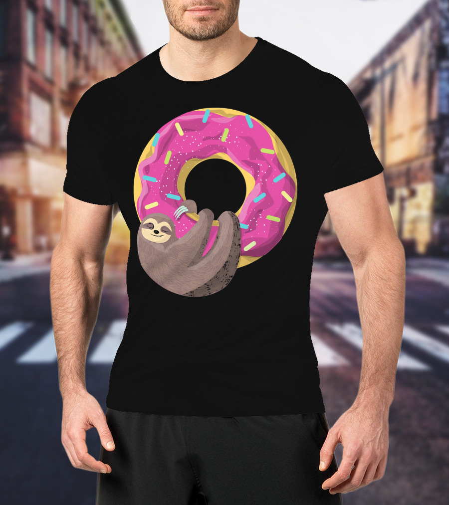 Sloth Hugging Pink Sprinkled Donut T-Shirt