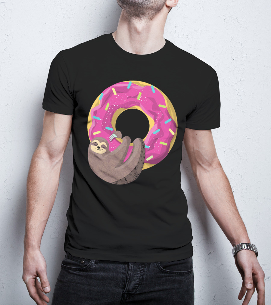 Sloth Hugging Pink Sprinkled Donut T-Shirt