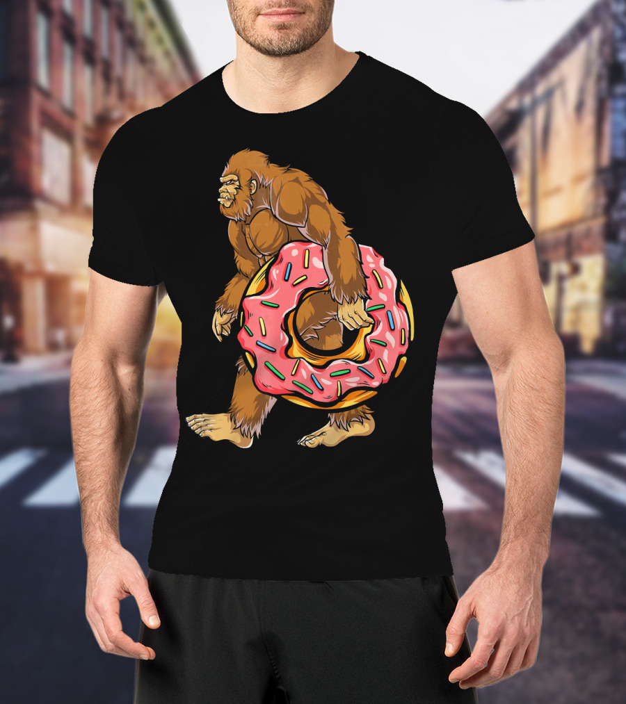 Bigfoot Sasquatch Holding Sprinkled Donut T-Shirt