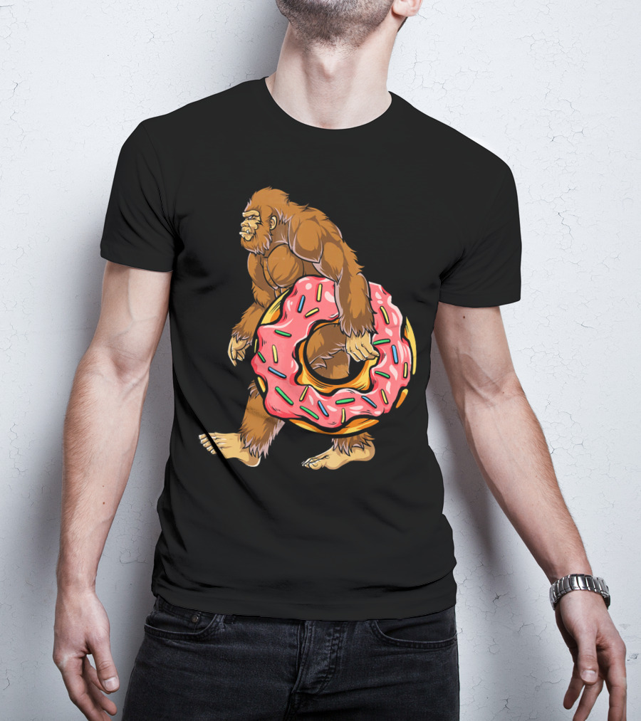 Bigfoot Sasquatch Holding Sprinkled Donut T-Shirt