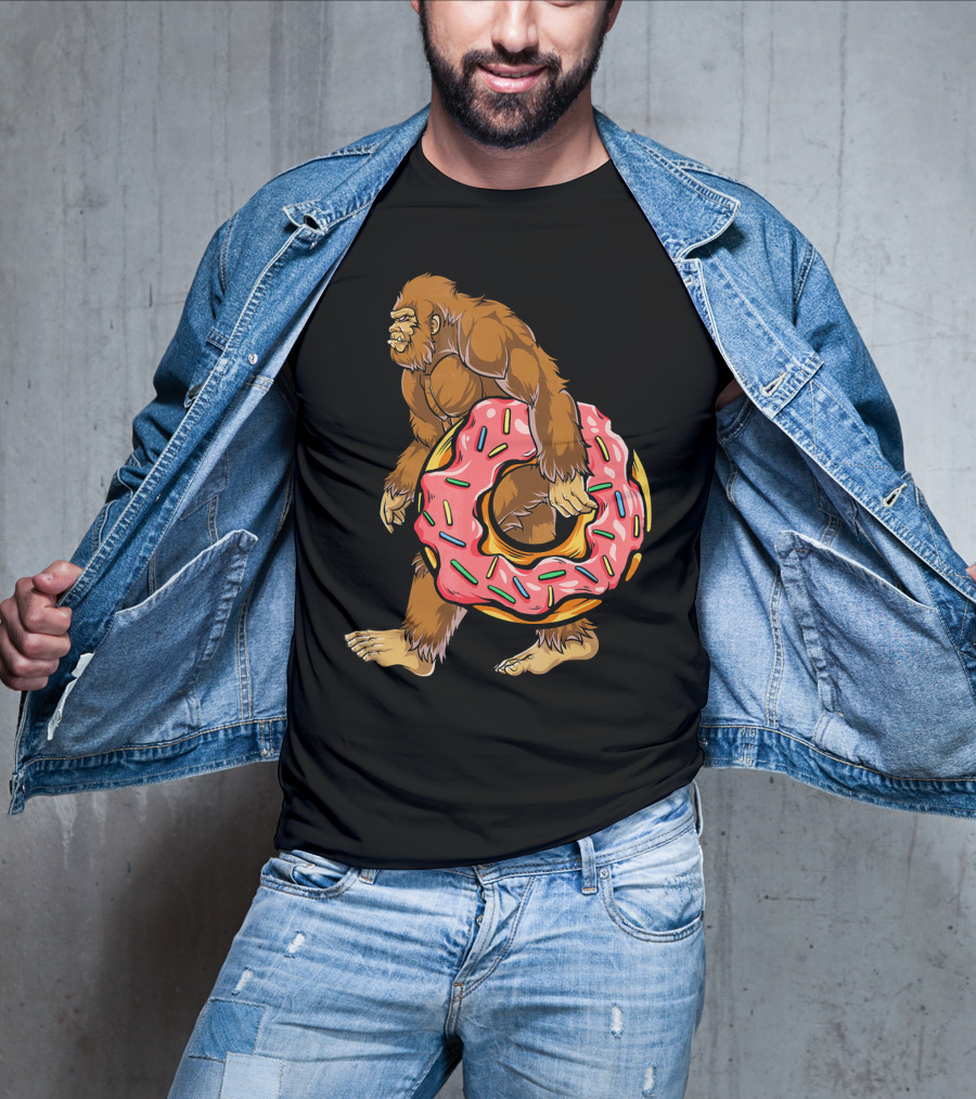 Bigfoot Sasquatch Holding Sprinkled Donut T-Shirt