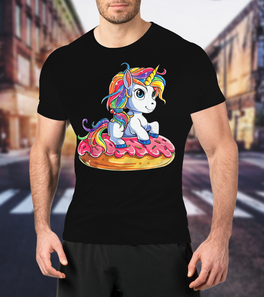 Rainbow Unicorn Sitting On Donut Girls Kids T-Shirt