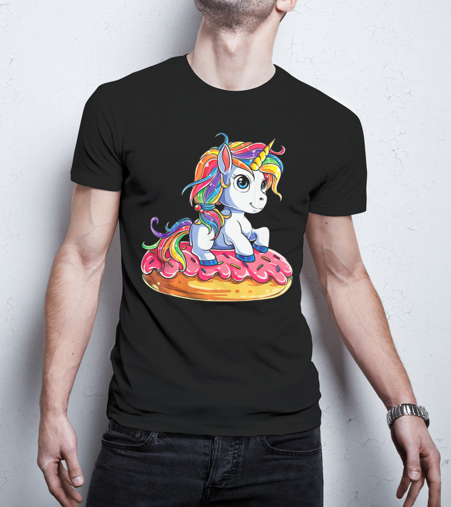 Rainbow Unicorn Sitting On Donut Girls Kids T-Shirt
