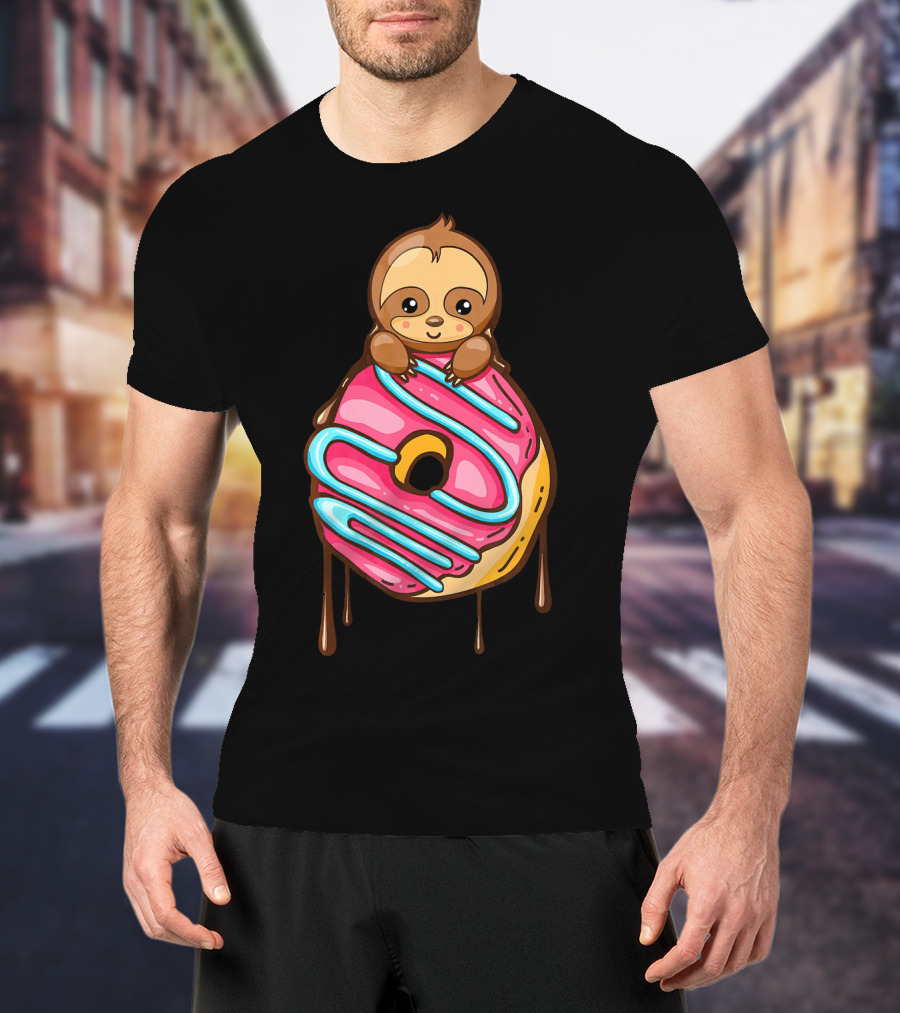 Cute Sloth And Pink Frosted Donut Lover T-Shirt
