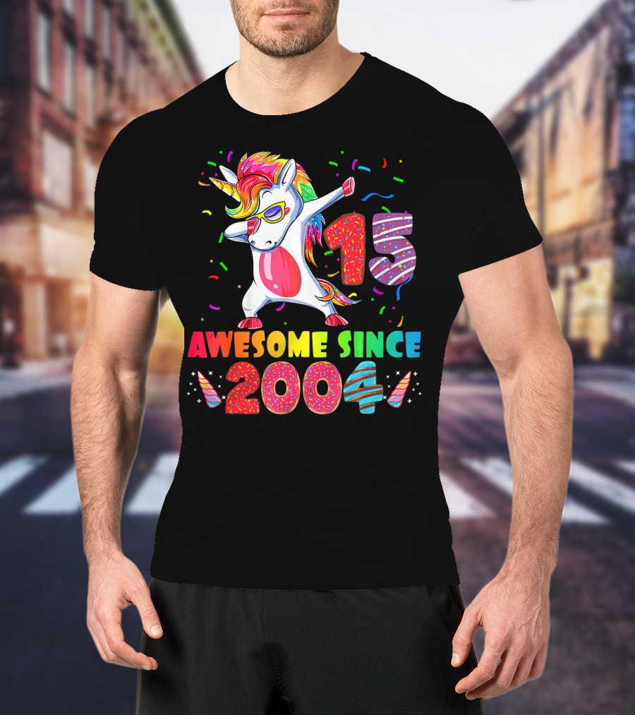 15 Awesome Dabbing Unicorn Donut Birthday 2004 T-Shirt
