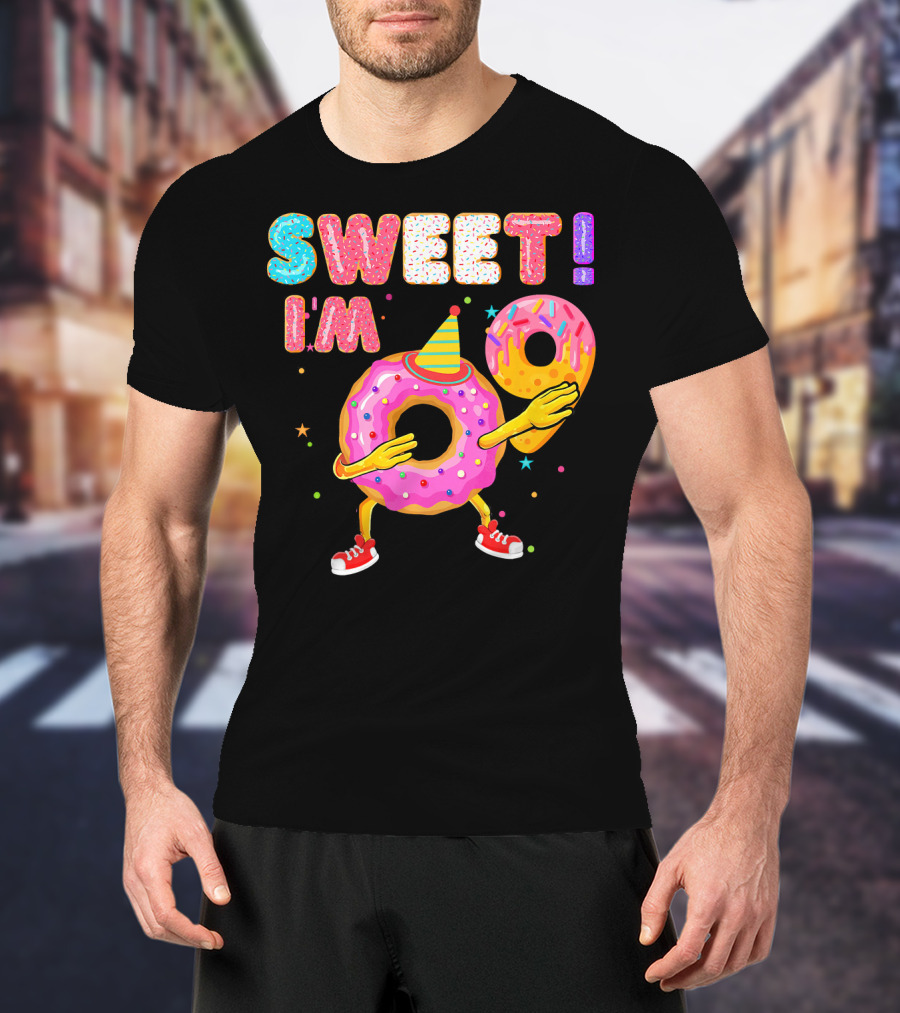 Sweet I'm 9 Years Old Birthday Donut With Sprinkles And Party Hat T-Shirt