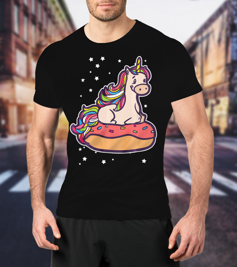 Rainbown Pastel Colors Unicorn Donut Fun With Stars T-Shirt