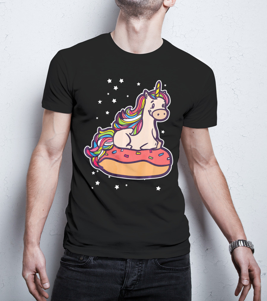 Rainbown Pastel Colors Unicorn Donut Fun With Stars T-Shirt