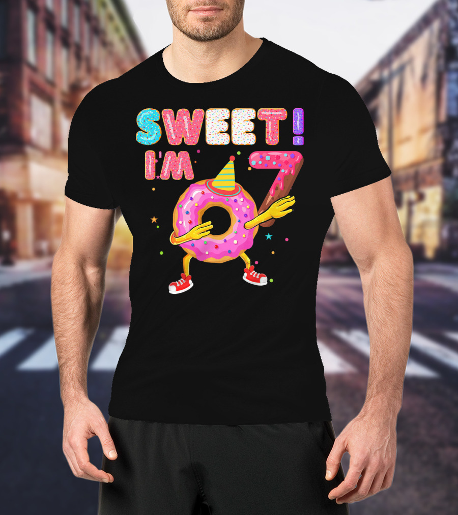 Sweet I'm 7 Birthday Donut Party Hat Fun T-Shirt