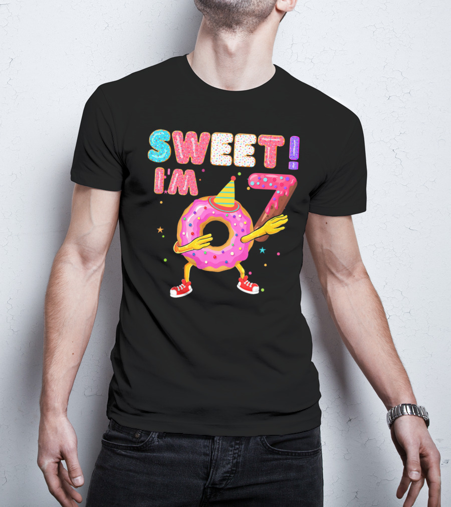 Sweet I'm 7 Birthday Donut Party Hat Fun T-Shirt