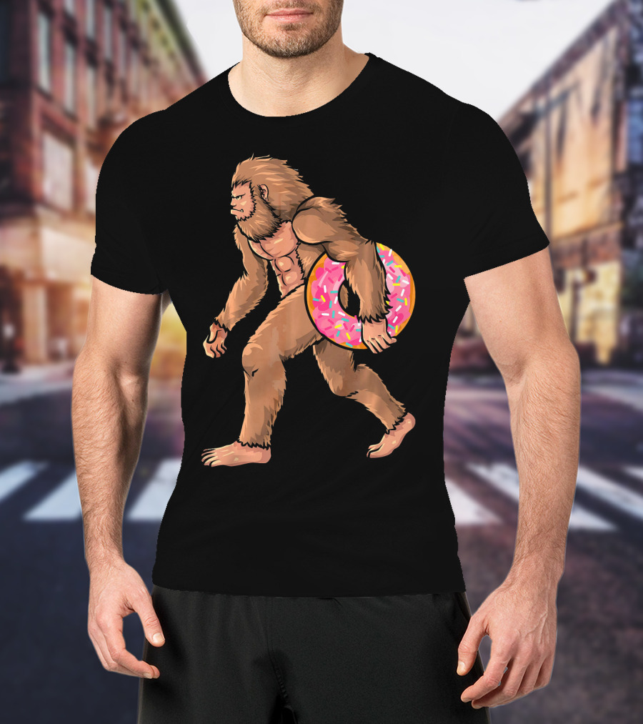 Bigfoot With Sprinkled Doughnut Walking Image T-Shirt