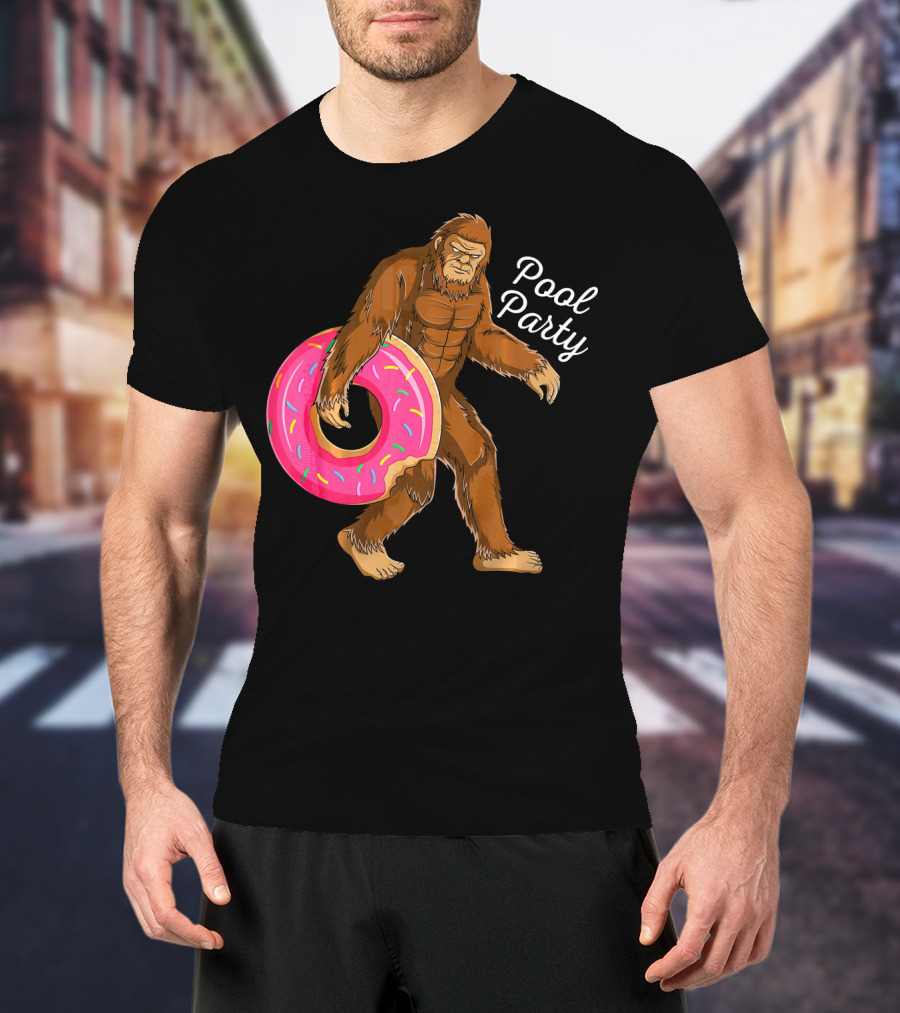 Pool Party Bigfoot Sasquatch With Donut Floaty T-Shirt