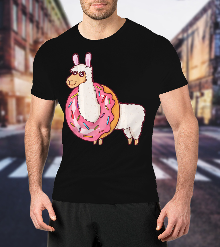 Cute Llama In A Sprinkled Donut Hole Alpaca T-Shirt