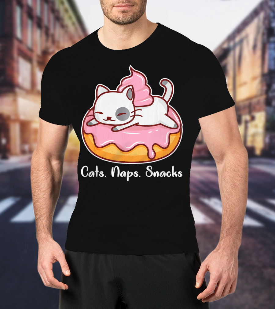 Cats Naps Snacks With Cute Kitty On Pink Icing Donut T-Shirt
