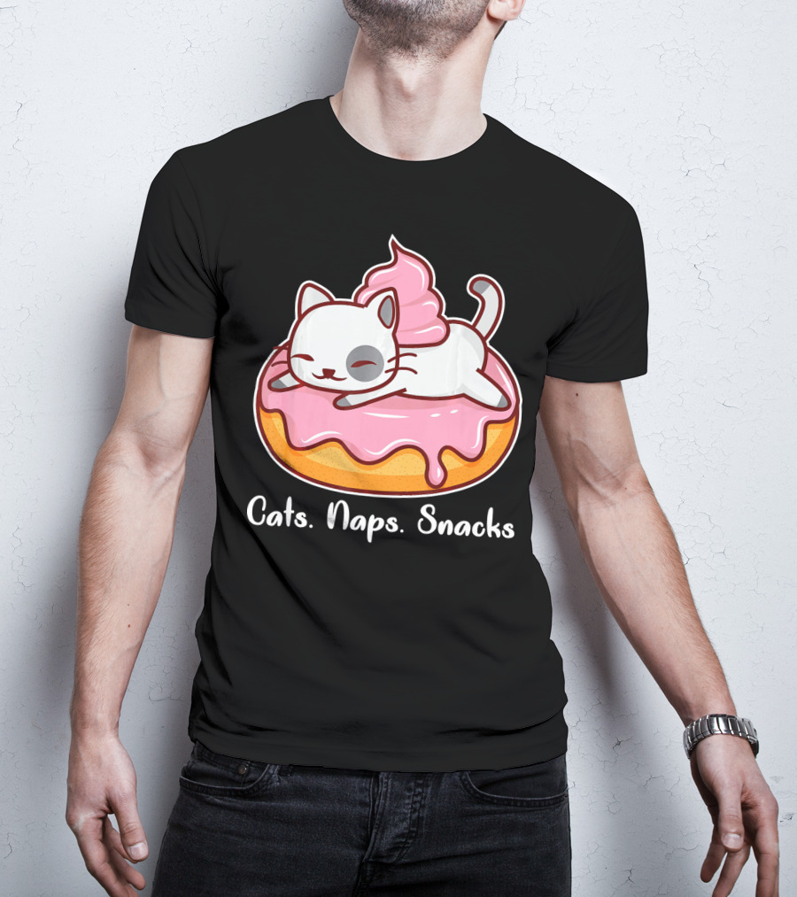 Cats Naps Snacks With Cute Kitty On Pink Icing Donut T-Shirt