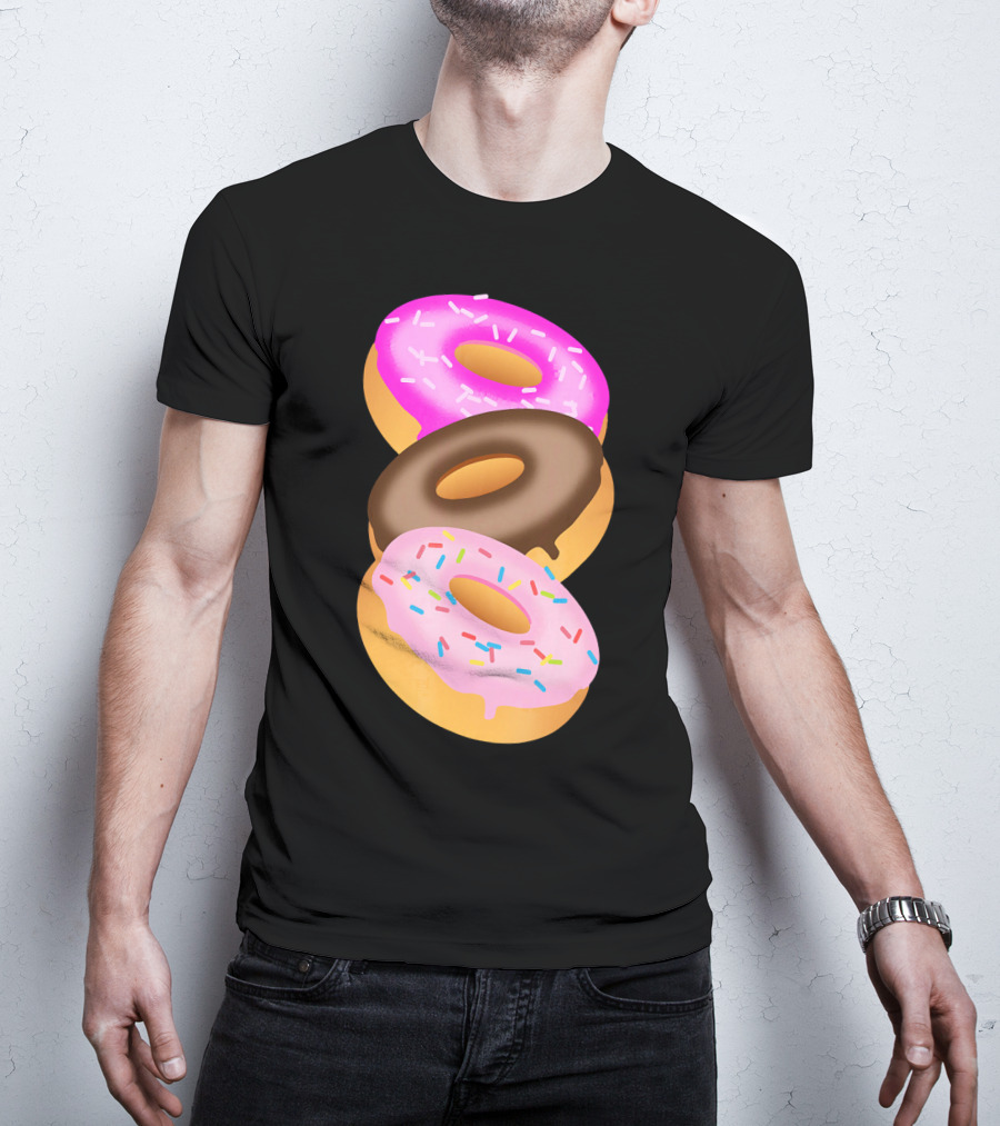 Donuts Doughnut Confection Pink Chocolate Frosted Doughnut Trio T-Shirt