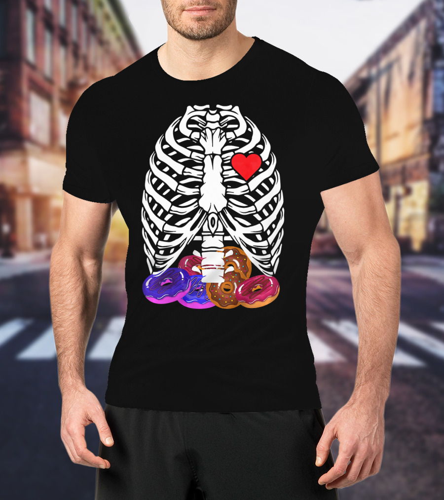 Funny Halloween Rib Cage Skeleton With Heart And Colorful Donuts T-Shirt