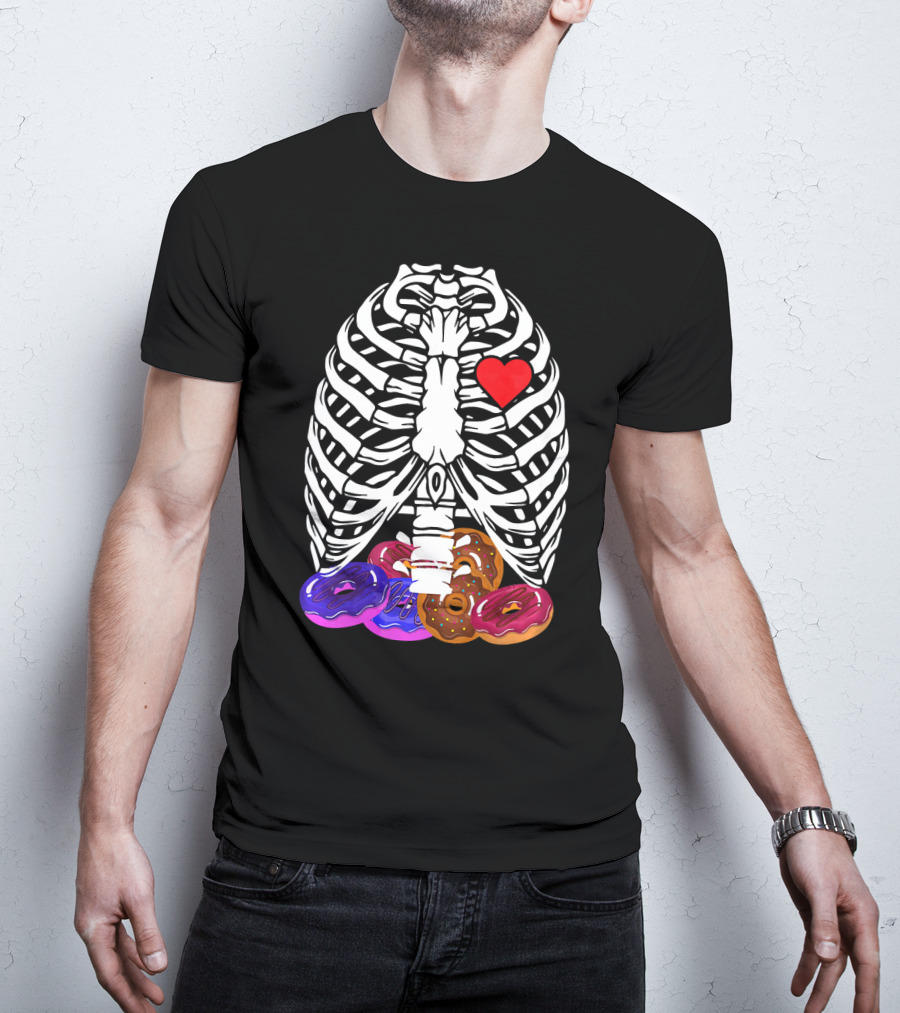 Funny Halloween Rib Cage Skeleton With Heart And Colorful Donuts T-Shirt