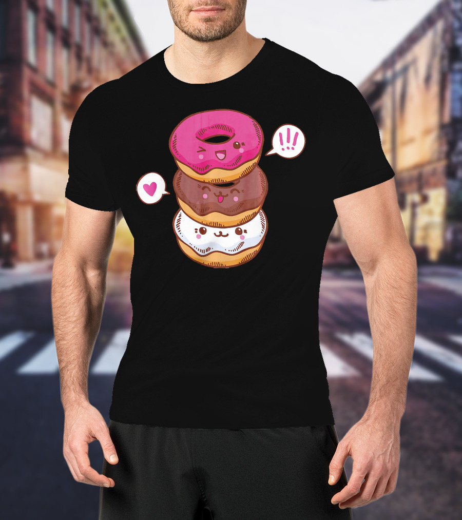 Kawaii Cheerleading Donut Stack With Cute Expressions And Heart Speech Bubbles T-Shirt