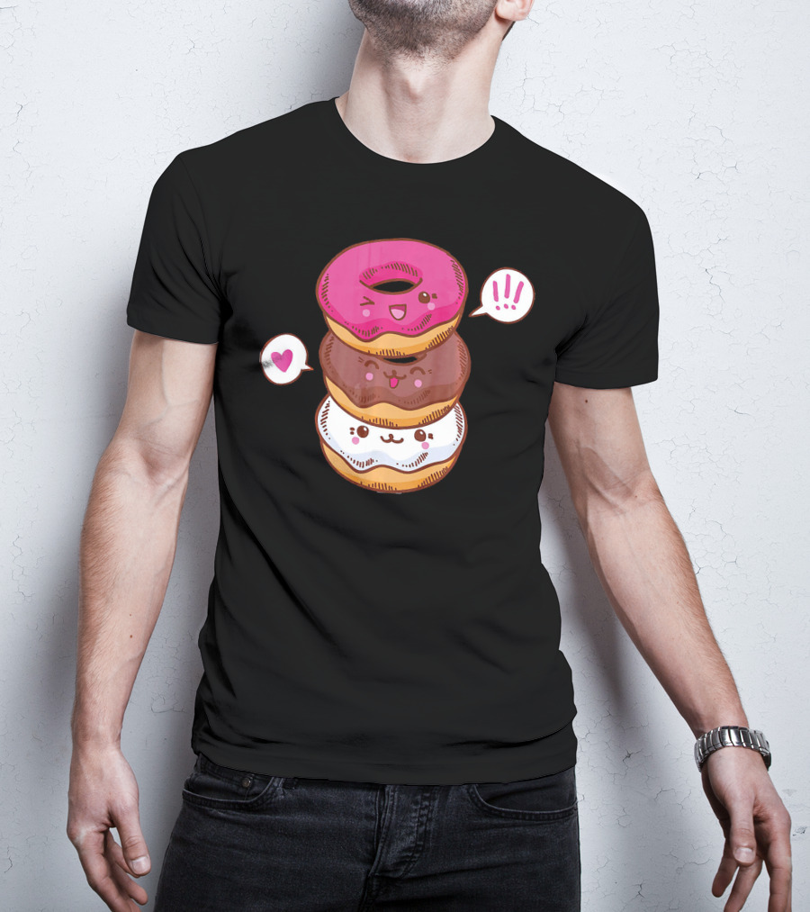 Kawaii Cheerleading Donut Stack With Cute Expressions And Heart Speech Bubbles T-Shirt