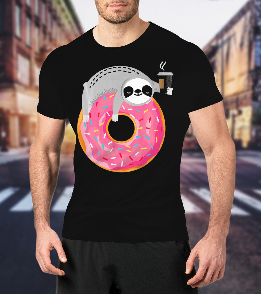 Sloth Relaxing On Sprinkled Donut Holding Steaming Coffee Cup T-Shirt