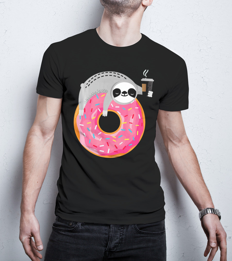 Sloth Relaxing On Sprinkled Donut Holding Steaming Coffee Cup T-Shirt