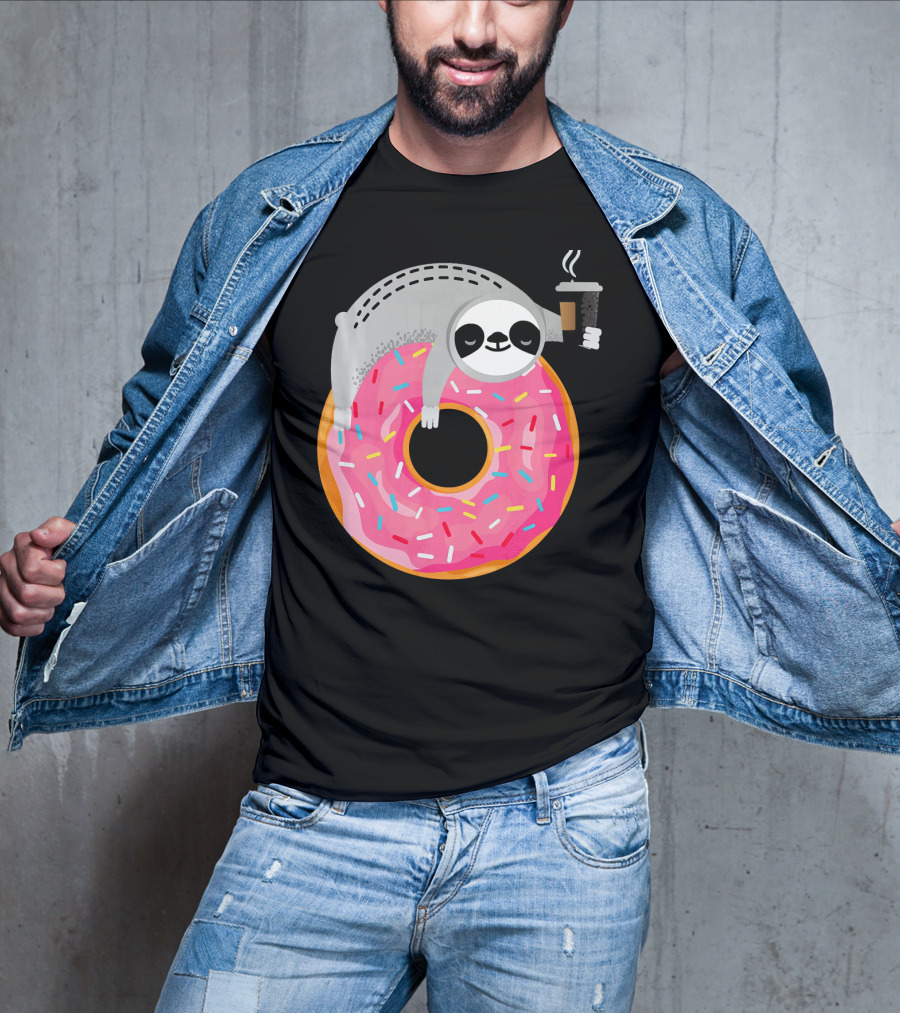 Sloth Relaxing On Sprinkled Donut Holding Steaming Coffee Cup T-Shirt