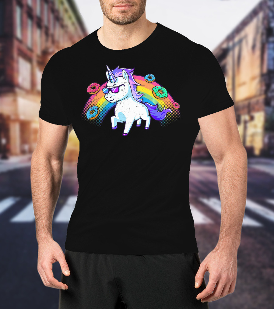 Donut Unicorn In Sunglasses With Rainbow T-Shirt