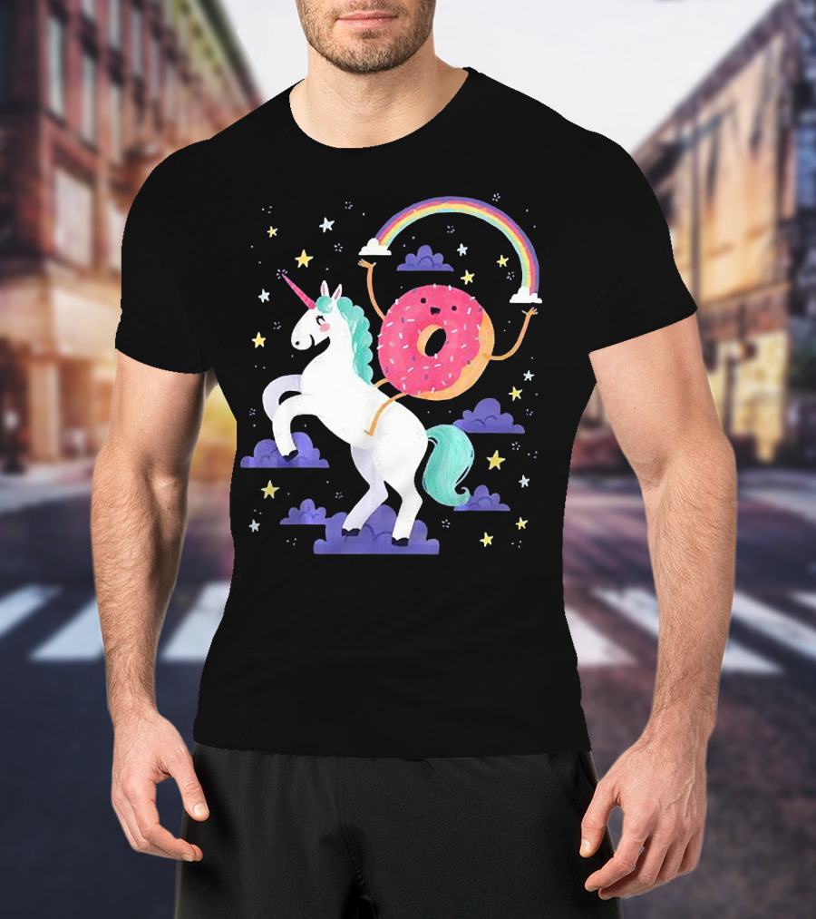 Donut Riding Unicorn With Rainbow And Stars T-Shirt