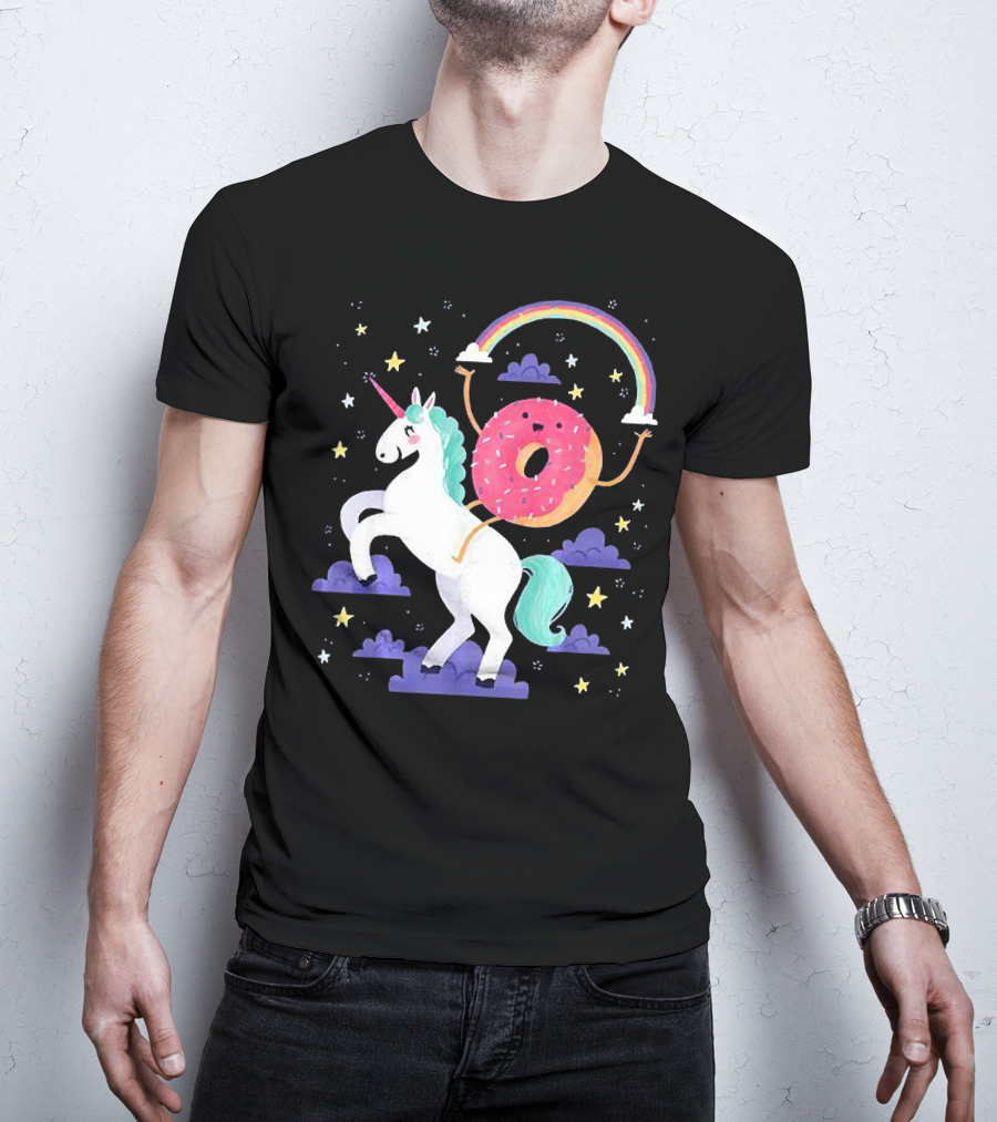 Donut Riding Unicorn With Rainbow And Stars T-Shirt