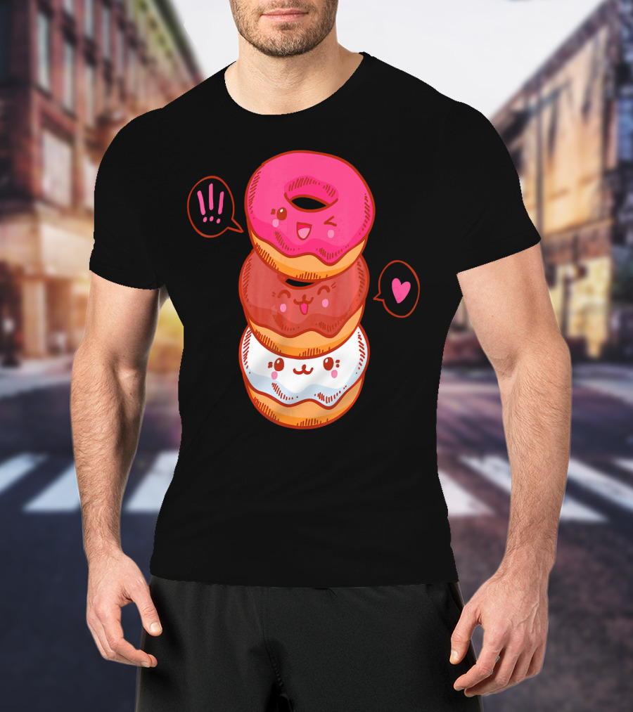 Kawaii Donuts Stack With Cute Faces And Heart T-Shirt