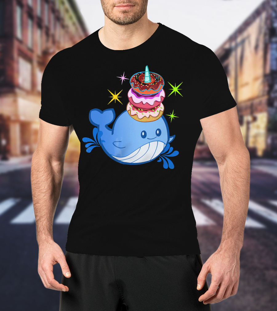Cute Narwhal Balancing Colorful Donuts T-Shirt
