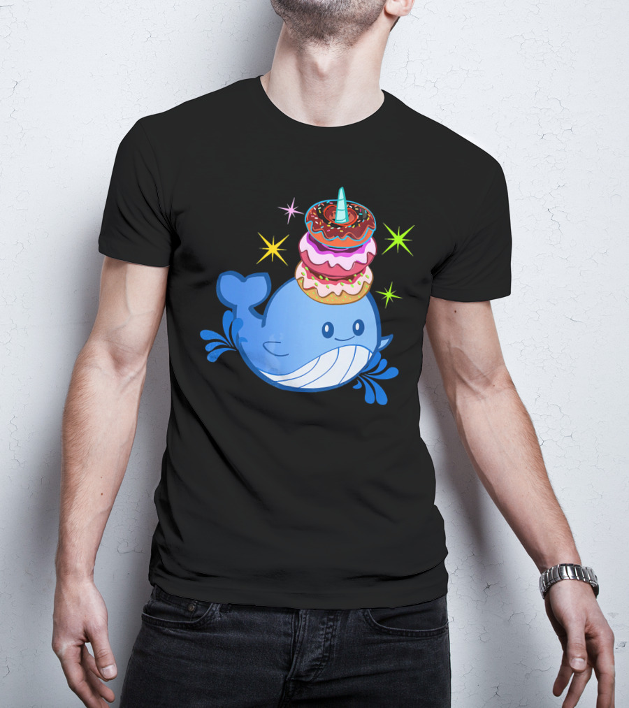 Cute Narwhal Balancing Colorful Donuts T-Shirt