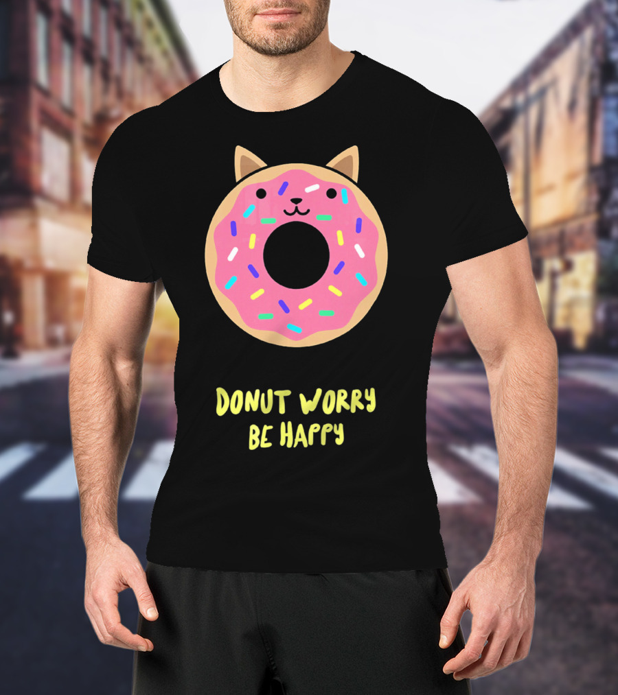 Kawaii Japanese Anime Pink Sprinkle Cat Donut Worry Be Happy T-Shirt