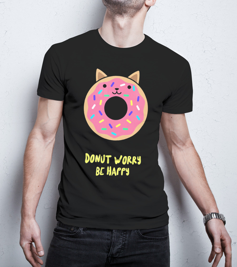 Kawaii Japanese Anime Pink Sprinkle Cat Donut Worry Be Happy T-Shirt