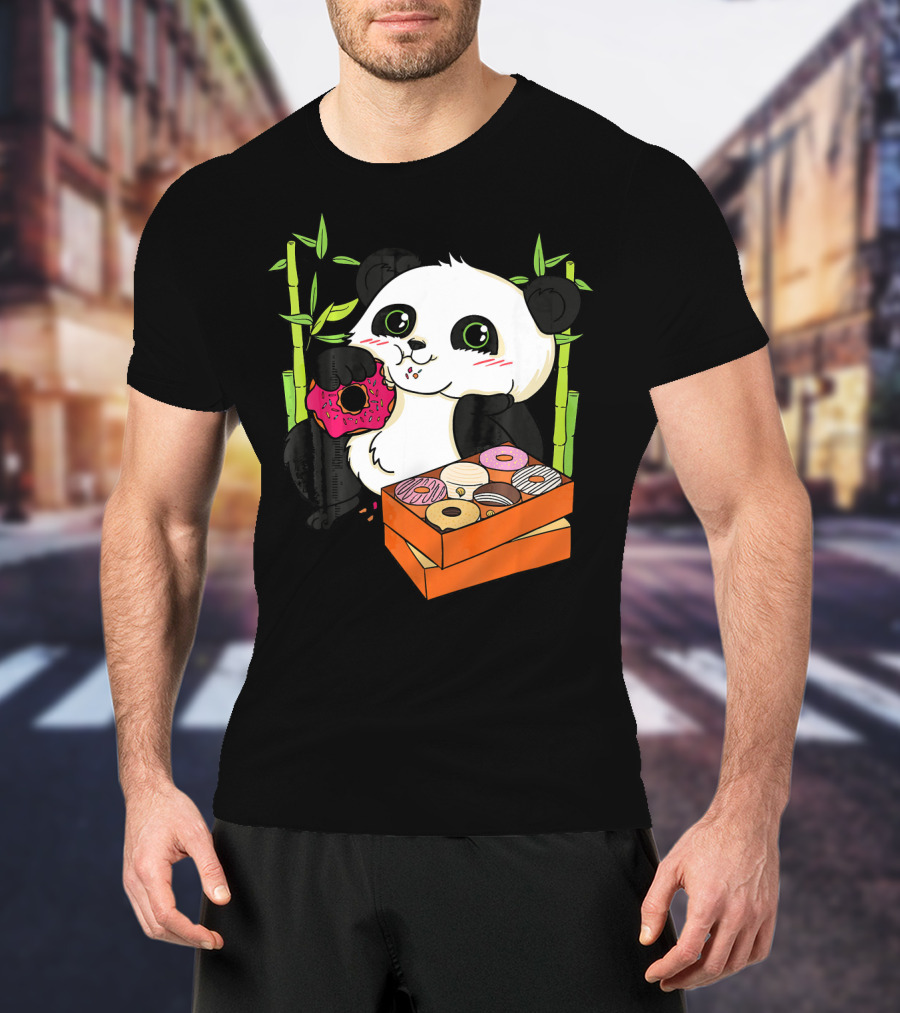 Panda Enjoying Box Of Colorful Donuts With Bamboo Background T-Shirt