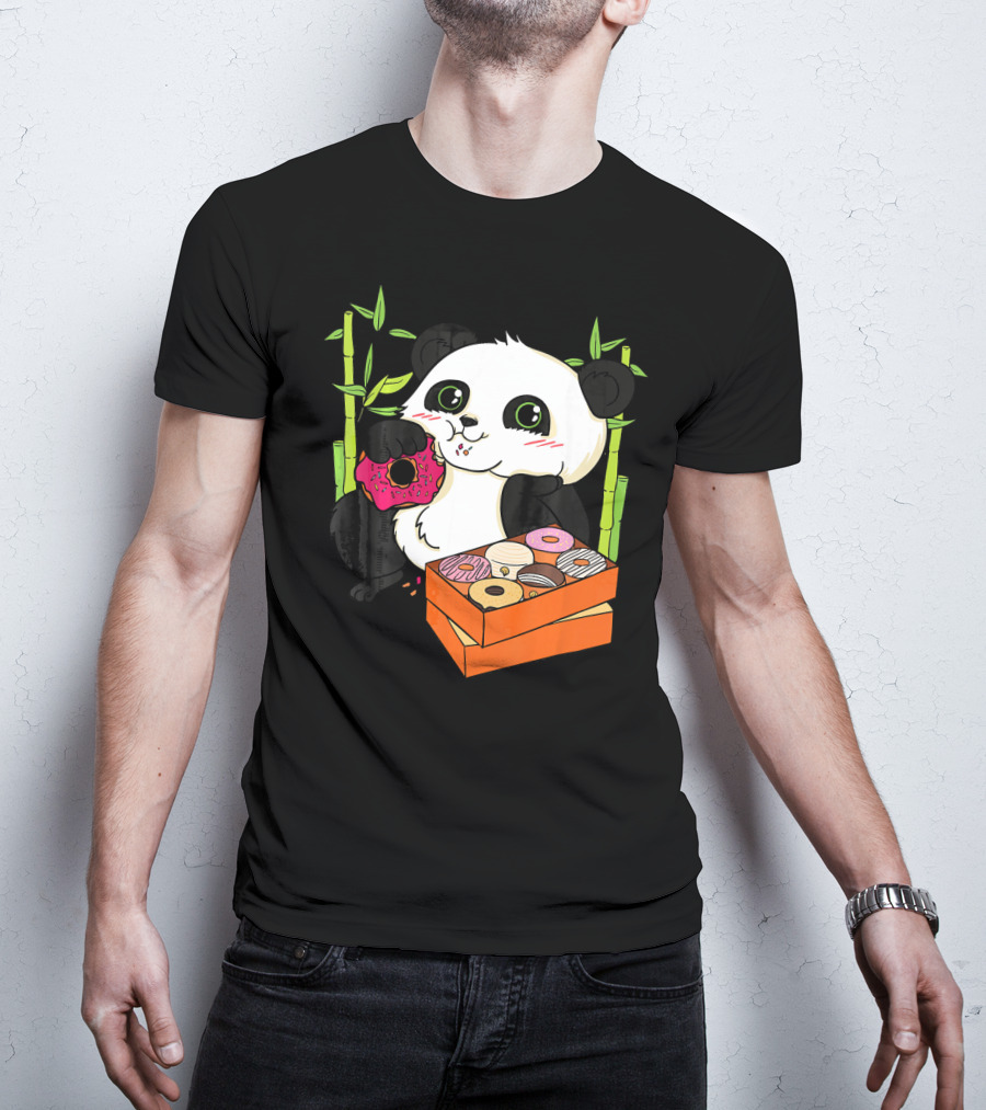 Panda Enjoying Box Of Colorful Donuts With Bamboo Background T-Shirt