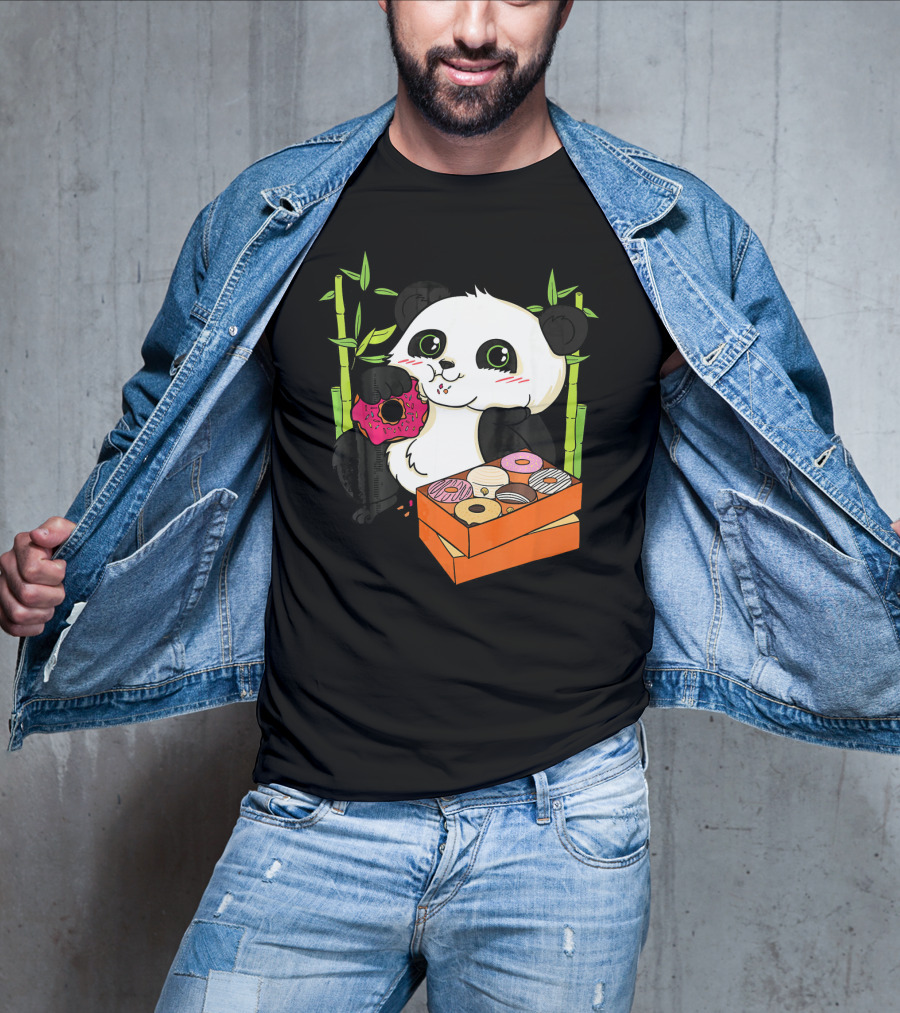 Panda Enjoying Box Of Colorful Donuts With Bamboo Background T-Shirt