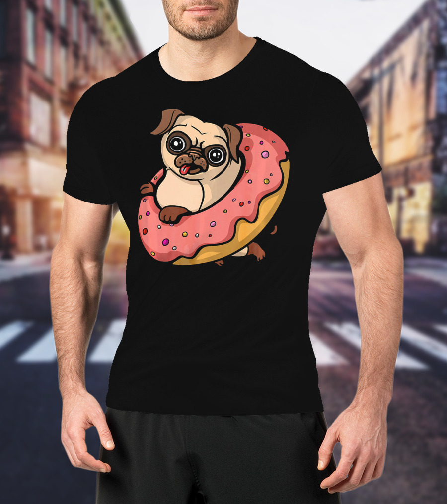 Pug Dog With Pink Frosted Donut Lover T-Shirt